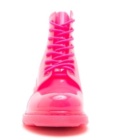 Neon Fuchsia Lace Up Combat Style Rain Boots - Picture 2 of 6